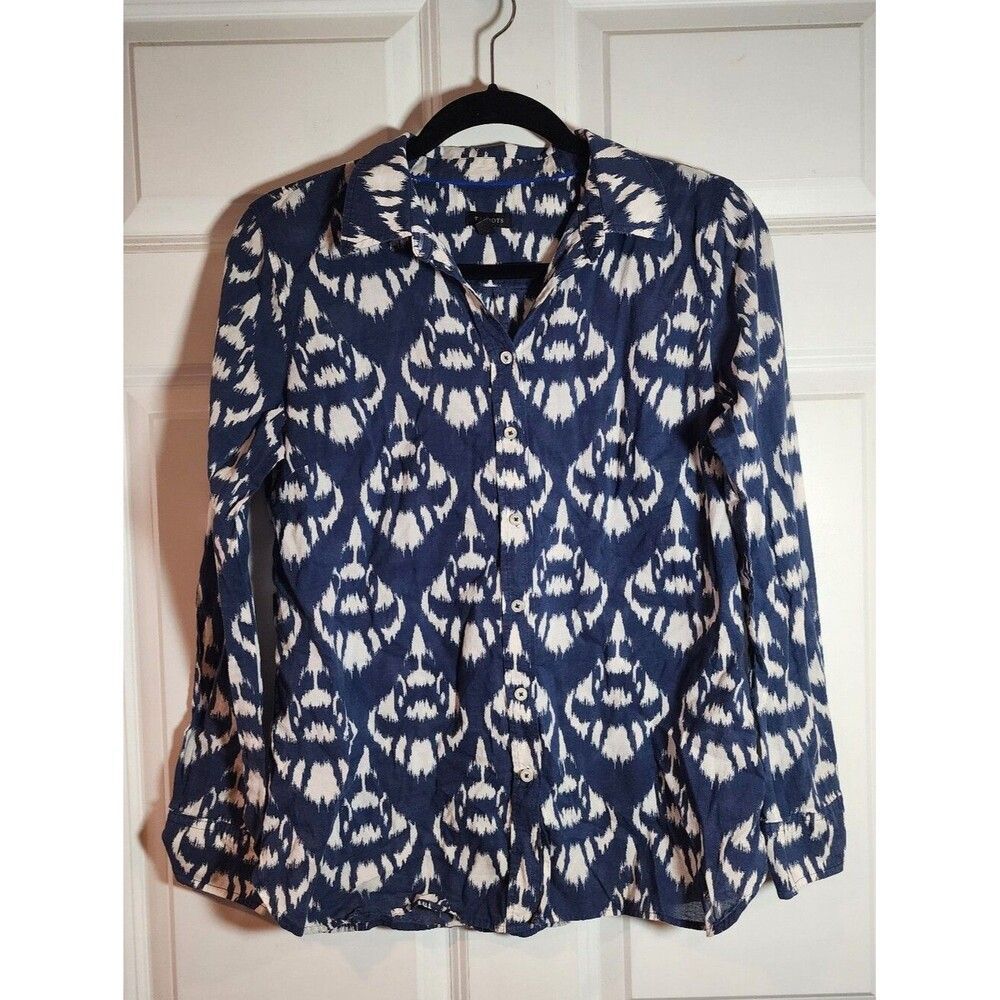 Talbots Womens Navy and White Printed Button-Up Shirt Semi Sheer S